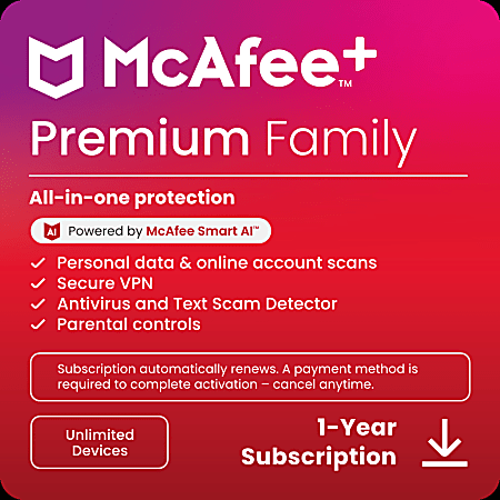 McAfee+ Premium Family Antivirus & Internet Security Software, For Unlimited Devices, 1-Year Subscription Auto-Renewal, Product Key