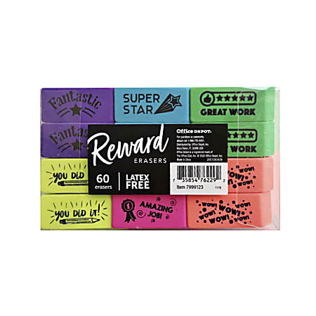 Office Depot® Brand Reward Erasers, Assorted Neon Colors, Pack Of 60 Erasers