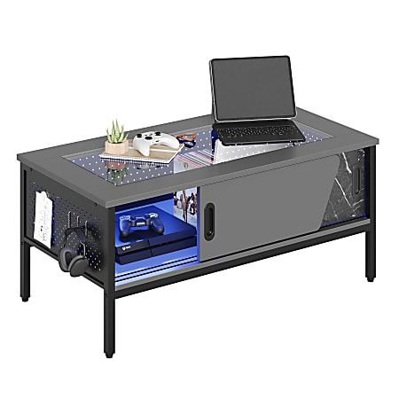Bestier LED Coffee Table With Storage Glass & Sliding Doors, 18”H x 41-3/4”W x 21-11/16”D, Black