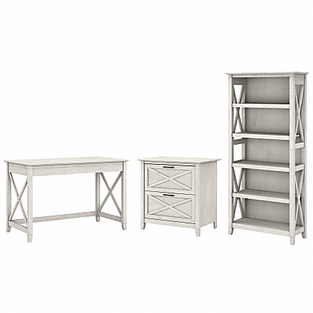 Bush Furniture Key West 48"W Writing Desk With 2-Drawer Lateral File Cabinet And 5-Shelf Bookcase, Linen White Oak, Standard Delivery