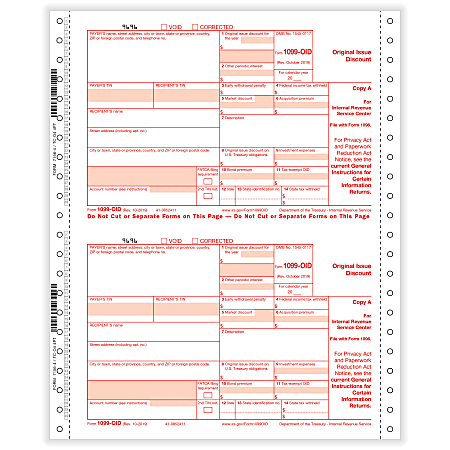 ComplyRight™ 1099-OID Tax Forms, 4-Part, Copy A, State, B, C, 1-Wide, Continuous, 9" x 11", Pack Of 100 Forms