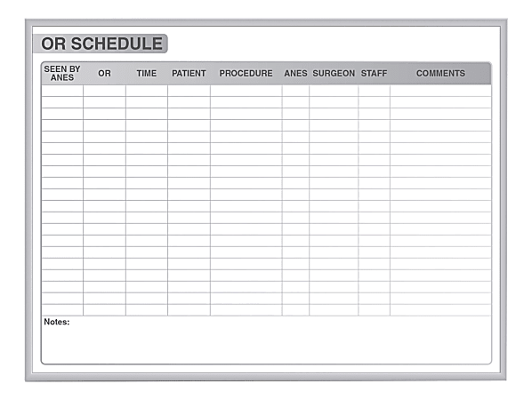 Ghent OR Schedule Magnetic Dry-Erase Whiteboard, 36" x 48", Aluminum Frame With Silver Finish