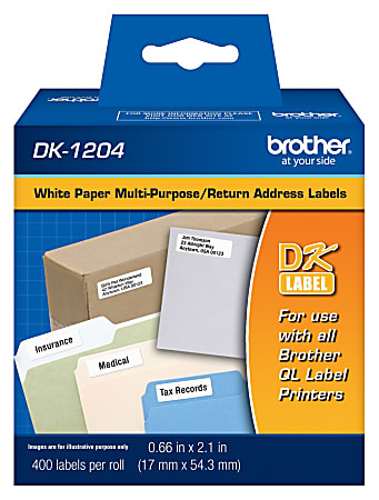 Brother DK-1204 Black-On-White Labels, 0.67" x 2.13", Roll Of 400