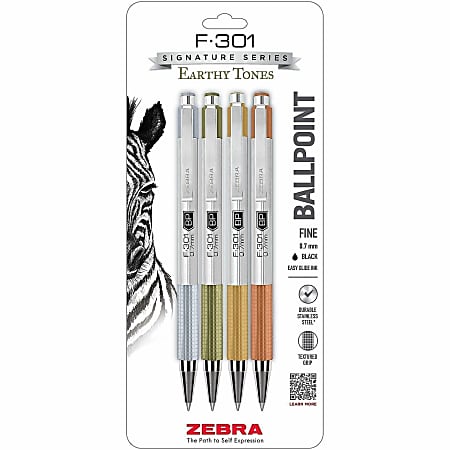 Zebra Pen F-301 EarthyTones Retractable Ballpoint Pens - Refillable - Retractable - Black Ink - Assorted Stainless Steel Barrel - School, Journaling, Writing - 4 / Pack