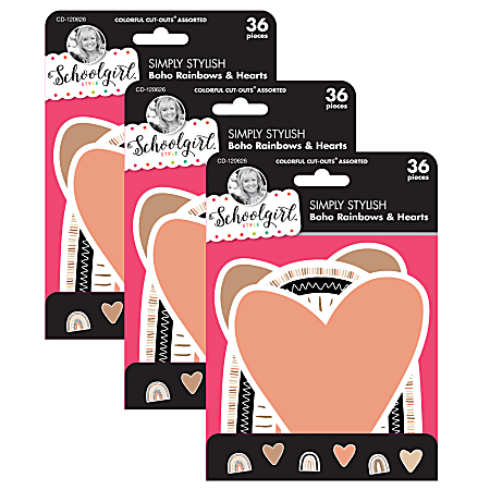 Carson Dellosa Education Cut-Outs, Schoolgirl Style Simply Stylish Boho Rainbows & Hearts, 36 Cut-Outs Per Pack, Set Of 3 Packs