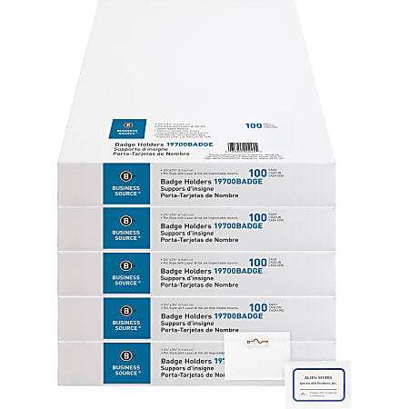 Business Source Pin-Style Holder Name Badge Kits - Clear - 100/Box - 5 / Bundle