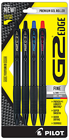 Pilot G2 Edge Gel Pens, Fine Point, 0.7mm, Black Barrel, Assorted Inks, Pack of 4 Pens