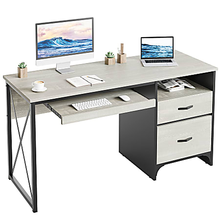 Bestier 56"W Office Desk With Drawers & Tray, White Wash