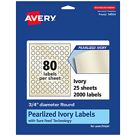 Avery® Pearlized Permanent Labels With Sure Feed®, 94504-PIP25, Round, 3/4" Diameter, Ivory, Pack Of 2,000 Labels