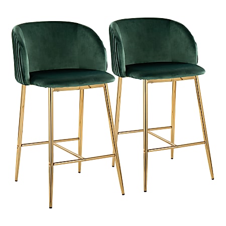 LumiSource Fran Pleated Fixed-Height Counter Stools, Green/Gold, Set Of 2 Stools