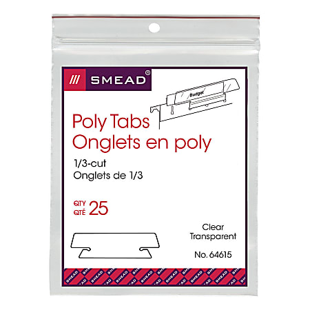 Smead® Clear Hanging Poly Tabs, 3 1/2" For 1/3 Cut Tabs, Pack Of 25
