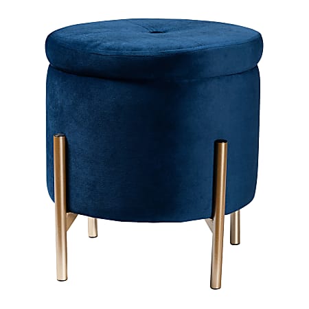 Baxton Studio Malina Velvet Round Storage Ottoman, Navy Blue/Gold
