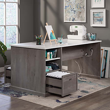 Sauder Craft Pro Work Table With Storage And Filing 66 x 30 18 Mystic ...