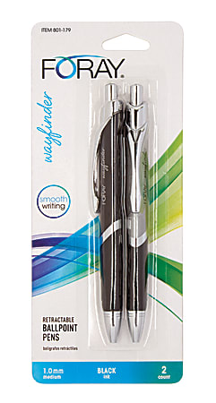 FORAY® Wayfinder Retractable Ballpoint Pens, 1.0 mm, Medium Point, Black/Silver Barrel, Black Ink, Pack Of 2