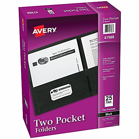 Avery® Letter Pocket Folder - 8 1/2" x 11" - 40 Sheets Capacity - 2 Internal Pocket - Embossed Paper - Black - Embossed - 25/Box - 5 / Carton