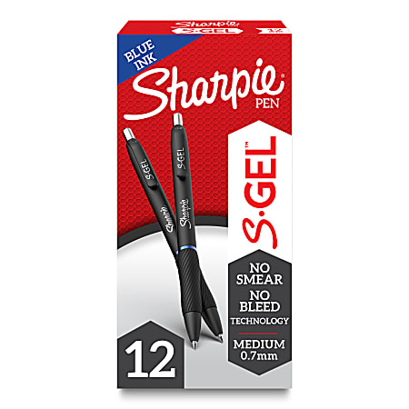 Sharpie S Gel Pens, Medium Point, 0.7 mm, Black/Blue Barrel, Blue Ink, Pack Of 12 Pens