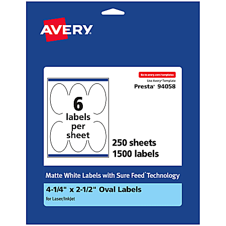 Avery® Permanent Labels With Sure Feed®, 94058-WMP250, Oval, 4-1/4" x 2-1/2", White, Pack Of 1,500