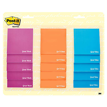 Post-it® Notes Inspirational Notes, 3" x 3", Assorted Colors, 30 Sheets Per Pad, Pack Of 15 Pads