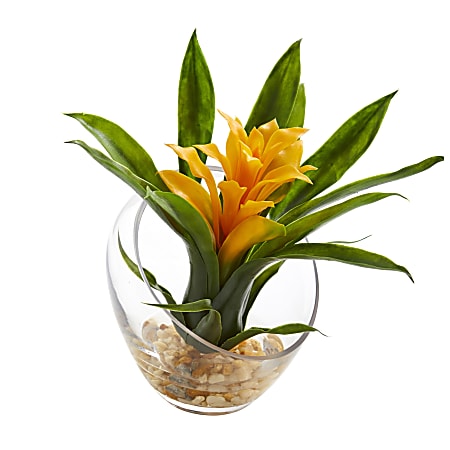 Nearly Natural Tropical Bromeliad 8”H Artificial Floral Arrangement With Angled Vase, 8”H x 6”W x 6”D, Yellow