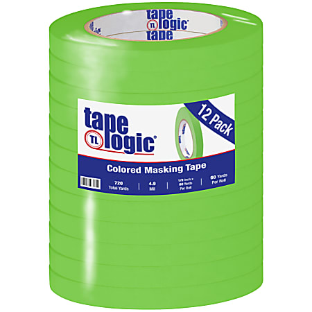 Tape Logic® Color Masking Tape, 3" Core, 0.5" x 180', Light Green, Case Of 12