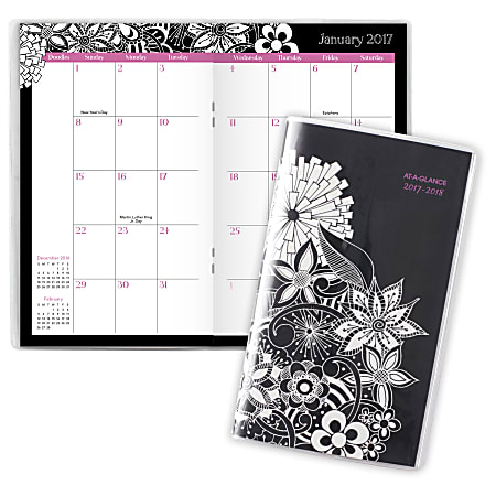 AT-A-GLANCE® Fashion 2-Year Monthly Pocket Planner, 3 5/8" x 6 1/16", FloraDoodle, January 2017 to December 2018