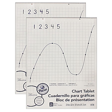 Pacon® Grid-Ruled Chart Tablets, Spiral Bound, 24" x 32", 1" Grid, 25 Sheets, White, Pack Of 2 Tablets