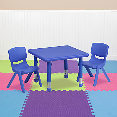 Flash Furniture Square Plastic Height-Adjustable Activity Table Set With 2 Chairs, 23-3/4" x 24", Blue