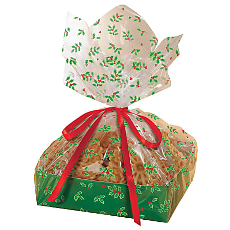 Amscan Christmas Large Treat Trays With Cellophane Bags, Holly, Pack Of 8 Trays