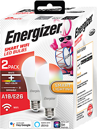Energizer&reg; Connect Smart A19 LED Light Bulbs, White/Multicolor RGB, Pack Of 2 Bulbs