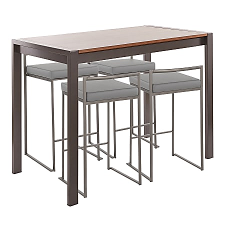 LumiSource Fuji Industrial Counter-Height Dining Table With 4 Chairs, Antique Metal/Walnut/Gray 