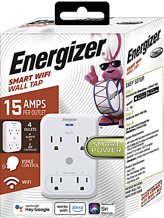 Energizer® EWT3-1000-WHT 4-Outlet Smart Wi-Fi Wall Tap, White