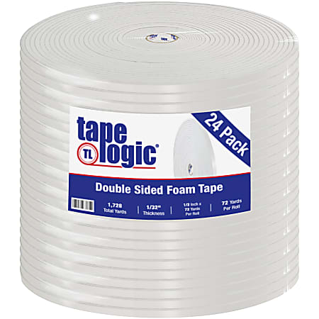 Tape Logic® Double-Sided Foam Tape, 3" Core, 0.5" x 216', White, Case Of 24