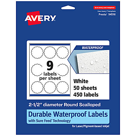 Avery® Waterproof Permanent Labels With Sure Feed®, 94516-WMF50, Round Scalloped, 2-1/2" Diameter, White, Pack Of 450