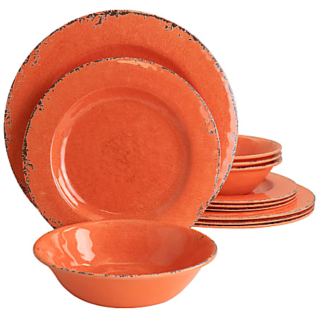 Laurie Gates California Designs Mauna 12-Piece Melamine Dinnerware Set, Crackle Orange