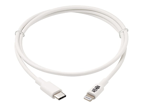Tripp Lite Lightning to USB C Sync / Charging Cable Apple iPhone iPad 3ft 3' - First End: 1 x 8-pin Lightning Male Proprietary Connector - Second End: 1 x Type C Male USB - 60 MB/s - MFI - Nickel Plated Connector - Gold Plated Contact - White