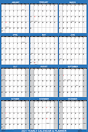 SwiftGlimpse 2-Sided Yearly Erasable Wall Calendar, 24" x 36", Navy, January To December 2021