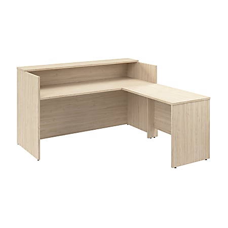Bush Business Furniture Arrive 72"W L Shaped Reception Desk with Shelf, Natural Elm, Standard Delivery