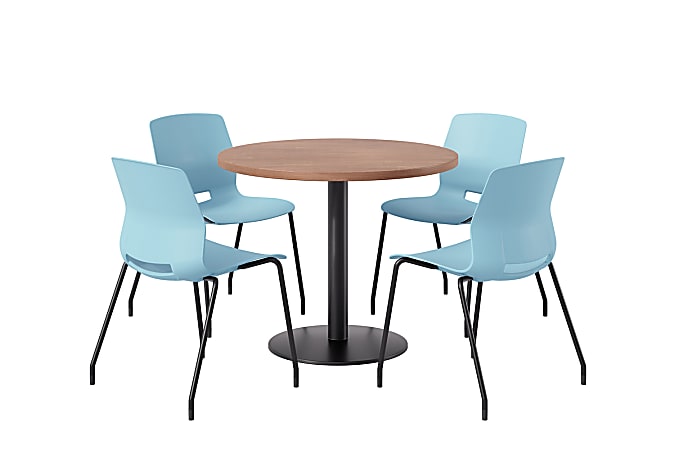 KFI Studios Midtown Pedestal Round  Table Set With Armless Chairs, 31-3/4”H x 22”W x 19-3/4”D, Maple Top/Black Base/Sky Blue Chairs, 840031939937
