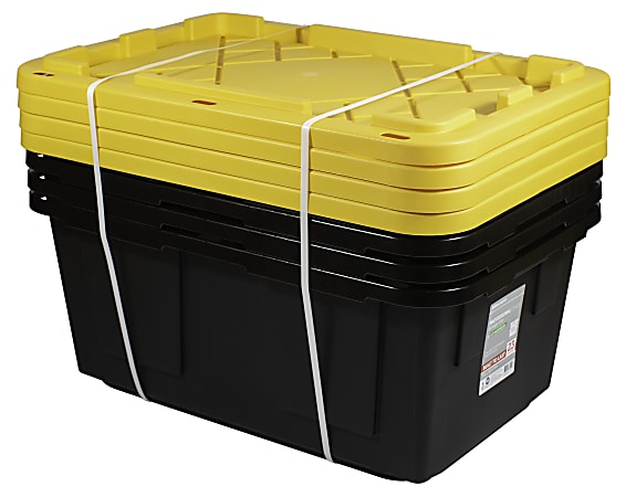 Plastic Heavy Duty Storage Tote Box, 23 Gallon, Black With Blue Snap Lid,  Stackable, 4-Pack 