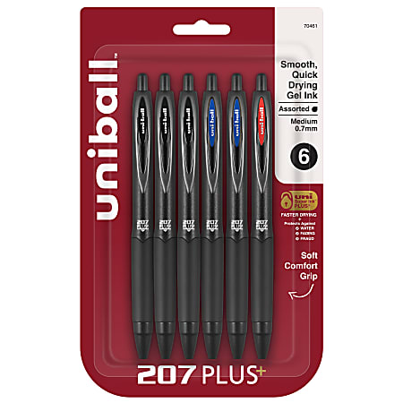 uni-ball® 207 Plus+ Retractable Gel Pens, Medium Point, 0.7 mm, Black Barrel, Black/Blue/Red Ink, Pack Of 6 Pens