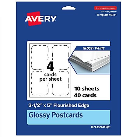 Avery® Printable Postcards, 3-1/2" x 5" Rectangle Flourished Edge, Glossy White, Pack Of 40