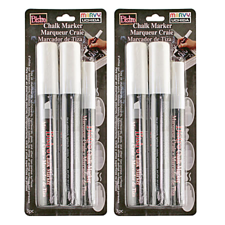 Marvy Uchida Bistro Chalk Marker Combo Sets, 6 Markers Total, Broad/Chisel/Fine Tip, White, 3 Markers Per Set, Pack Of 2 Sets