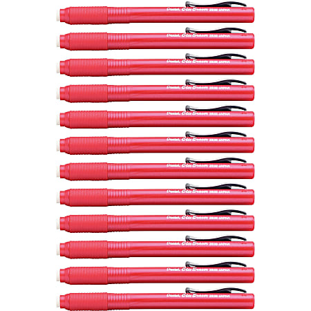 Pentel Rubber Grip Clic Eraser - Red - Pen - Refillable - 12 / Box - Retractable, Latex-free Grip, Pocket Clip, Ghost Resistant, Non-abrasive