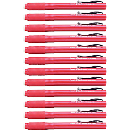 Pentel Rubber Grip Clic Eraser - Red - Pen - Refillable - 12 / Box - Tear Resistant, Latex-free Grip, Pocket Clip, Ghost Resistant, Scratch Resistant, Retractable