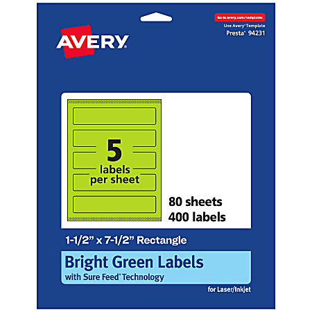 Avery® Print-To-The-Edge Labels With Sure Feed® Technology, 94231-BGP80, Rectangle, 1-1/2" x 7-1/2", Matte Bright Green, Pack of 400