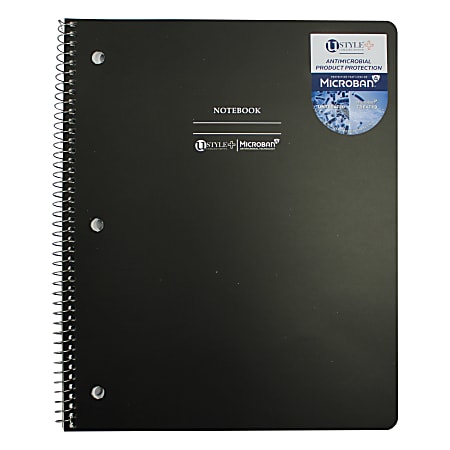 U Style Antimicrobial Notebook With Microban® Antimicrobial Protection, 8-1/2" x 10-1/2", 1 Subject, Wide Ruled, 80 Sheets, Black