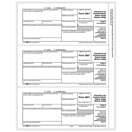 ComplyRight™ 3921 Tax Forms, 3-Up, Copy D, Laser, 8-1/2" x 11", Pack Of 150 Forms