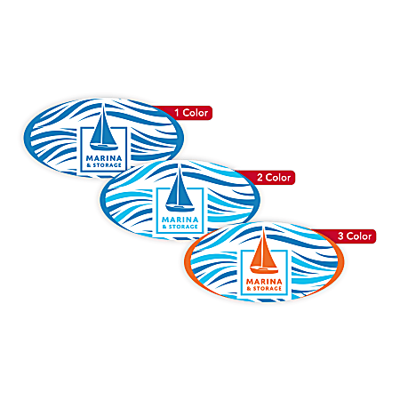 Custom Printed Outdoor Weatherproof 1-, 2- Or 3-Color Labels And Stickers, 1-1/4" x 2-1/2" Oval, Box Of 250 Labels