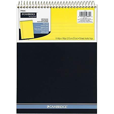 Cambridge® Stiff-Back Wire Bound Notebook, 8-1/2" x 11-3/4", Legal Ruled, 70 Sheets, Canary/Blue