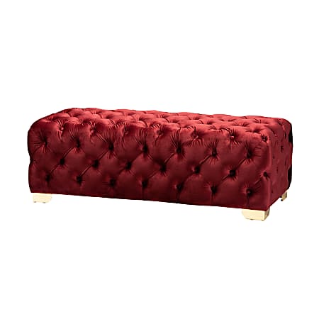 Baxton Studio Glam And Luxe Velvet Button-Tufted Bench Ottoman, Burgundy/Gold